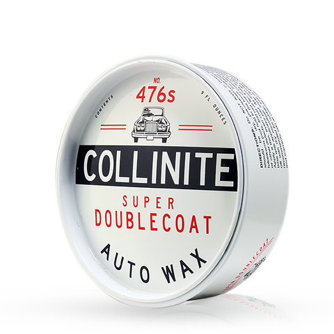 A container of Collinite Super Doublecoat Auto Carnauba Wax #476s with a white label and red text.